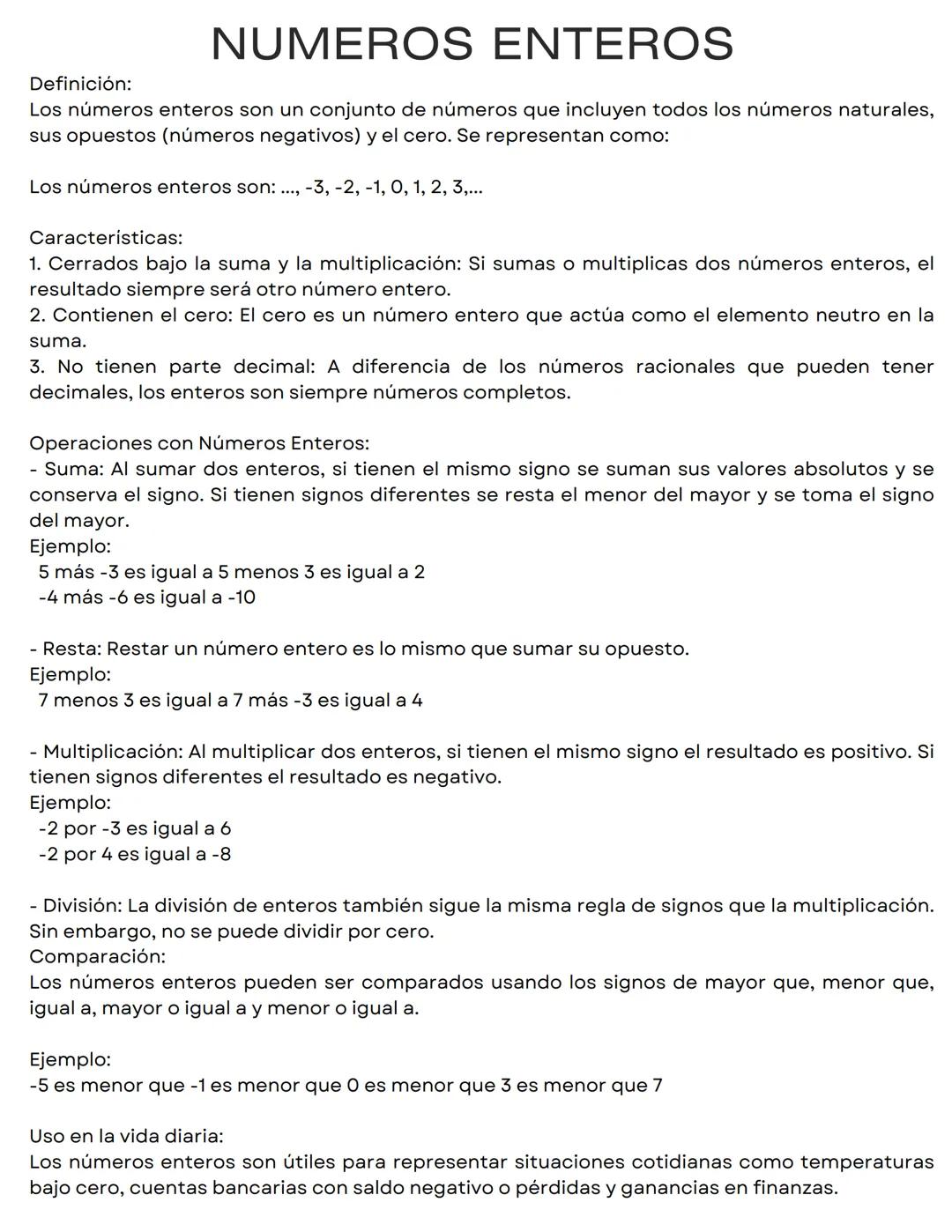 # NUMEROS ENTEROS
Definición:
Los números enteros son un conjunto de números que incluyen todos los números naturales,
sus opuestos (número
