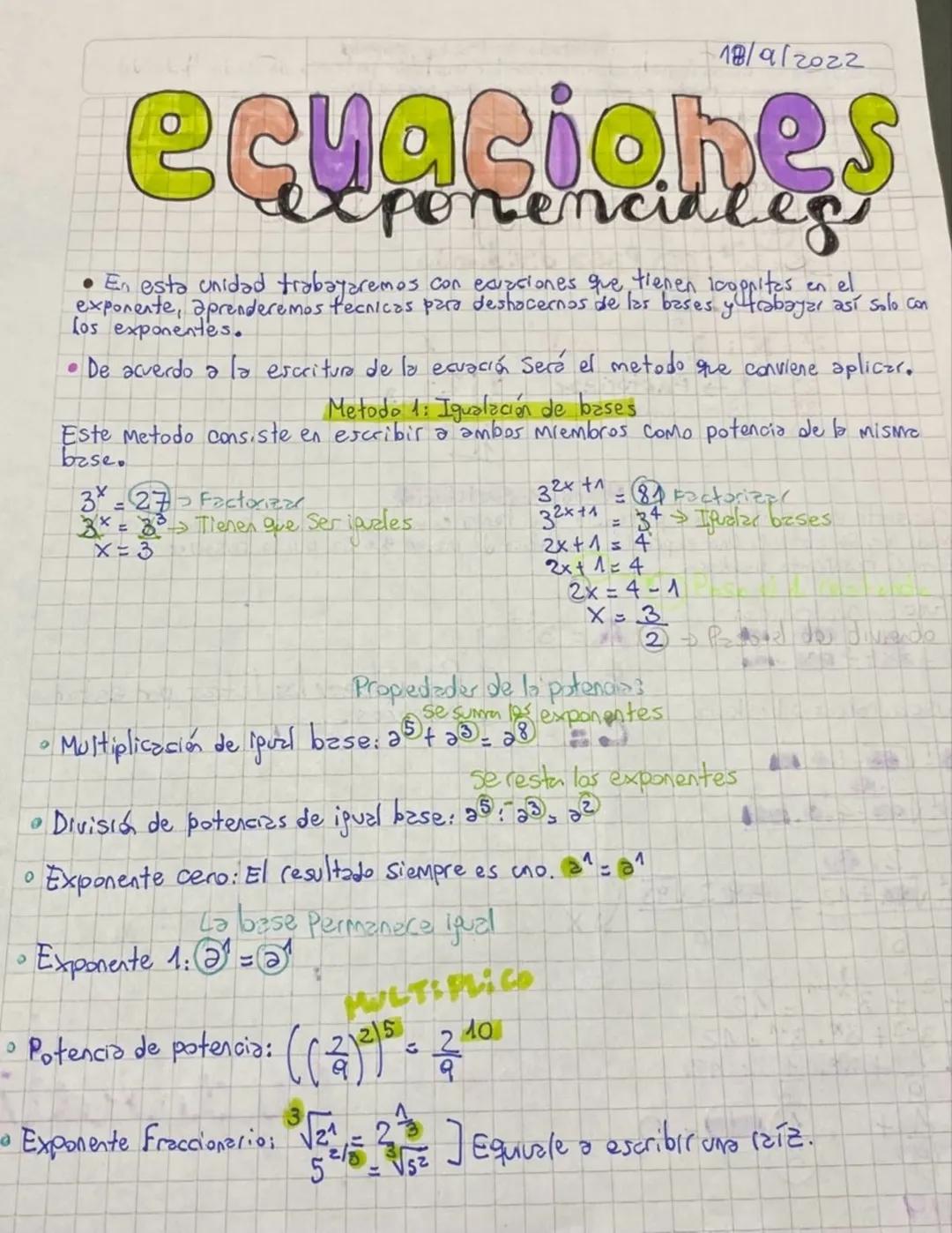 18/9/2022
ecuaciones
exponencilleg
• En esta unidad trabayaremos con ecuaciones que tienen icopritas en el
exponente, aprenderemos tecnica