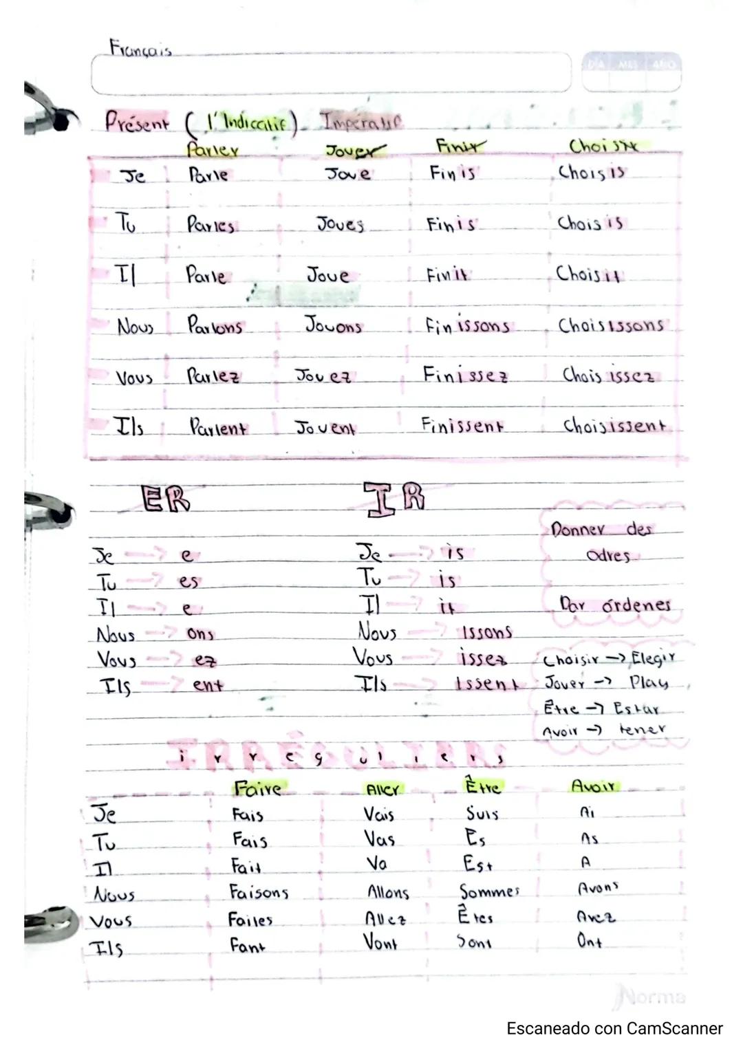 Français
Présent (I'Indicatif). Imperatie
| Parler | Jover | Finit | Choisix |
|---|---|---|---|
| Je | Parle | Jove | Fin is | Chois is |