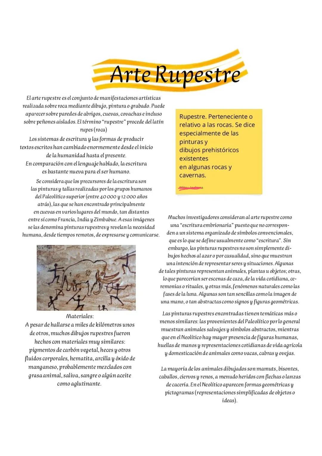 # Arte Rupestre
El arte rupestre es el conjunto de manifestaciones artísticas
realizada sobre roca mediante dibujo, pintura o grabado. Pued