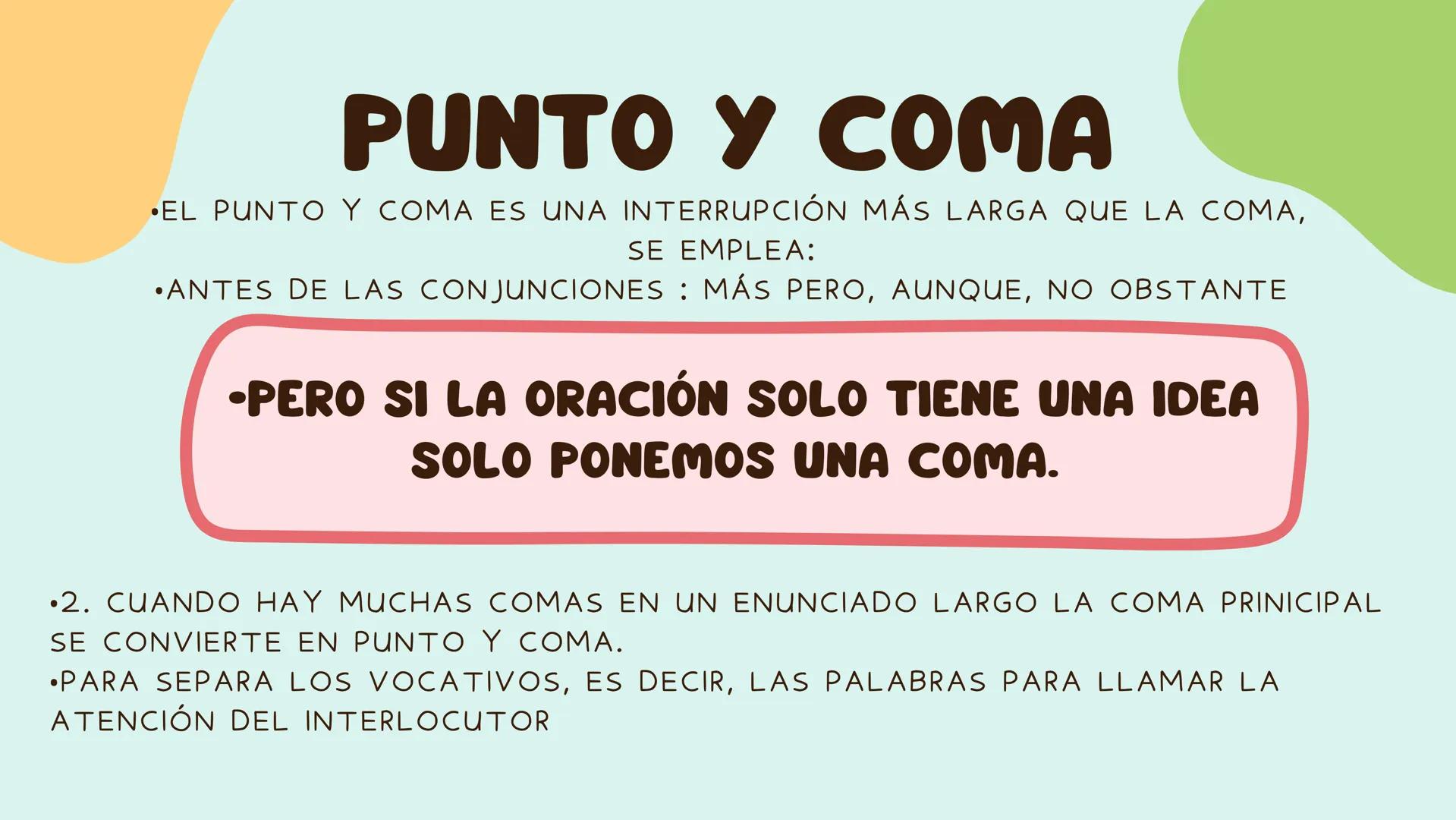 SIGNOS DE
PUNTUACIÓN
?! USO DE LA COMA
•LA COMA ES UNA PAUSA BREVE EN LA LECTURA Y SE EMPLEA
PARA:
• 1. PARA SEPARAR DOS O MAS PALABRAS O FR