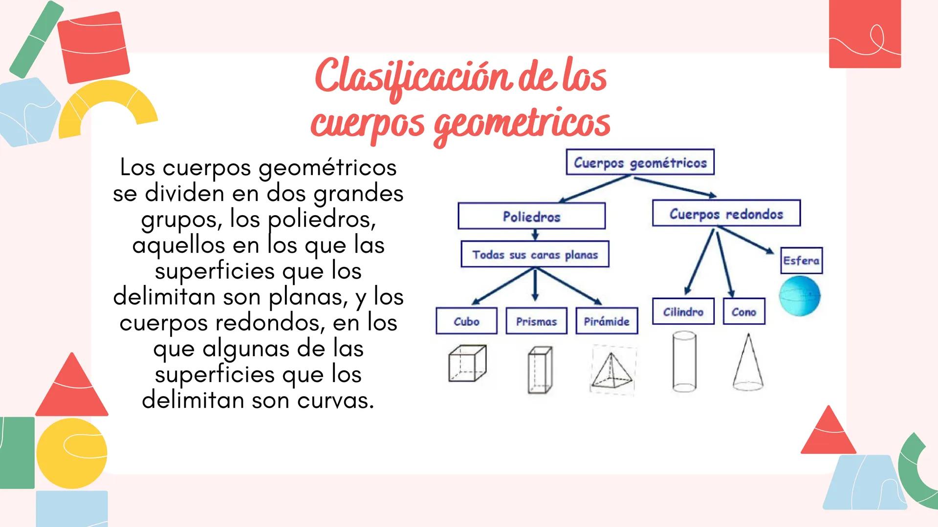 # Cuerpos
# Geométricos # Clasificación de los
cuerpos geometricos
Los cuerpos geométricos
se dividen en dos grandes
grupos, los poliedros,