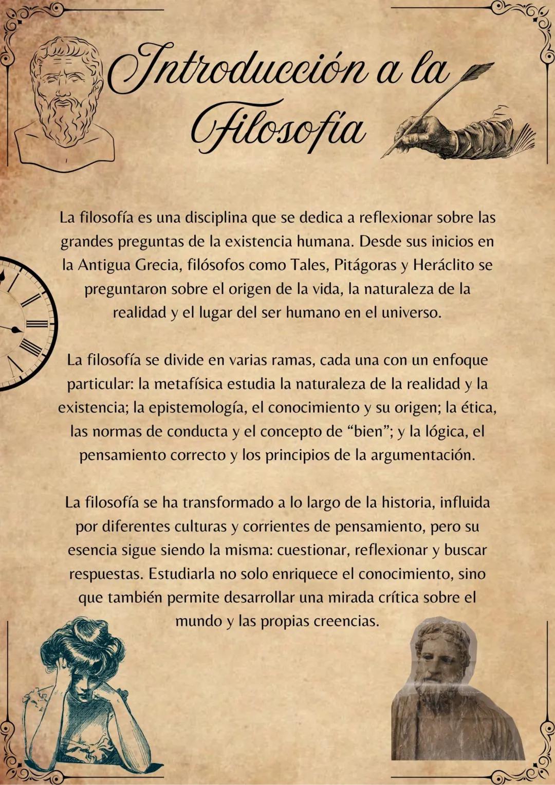 # Introducción a la
Filosofia
La filosofía es una disciplina que se dedica a reflexionar sobre las
grandes preguntas de la existencia human