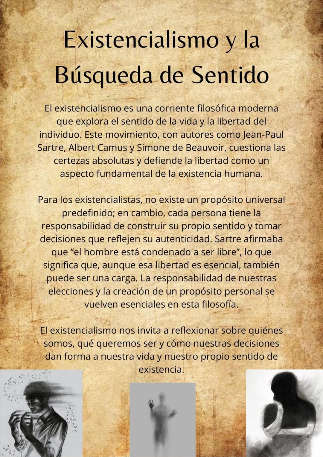 # Existencialismo y la
# Búsqueda de Sentido
El existencialismo es una corriente filosófica moderna
que explora el sentido de la vida y la