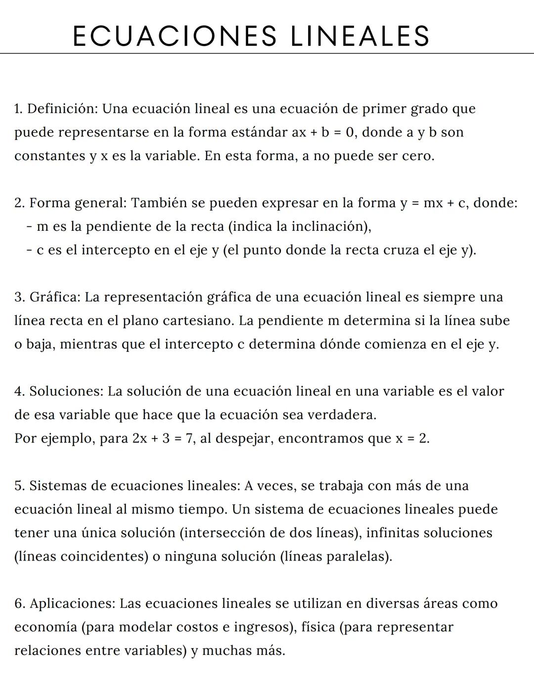 # ECUACIONES LINEALES
1. Definición: Una ecuación lineal es una ecuación de primer grado que
puede representarse en la forma estándar ax +