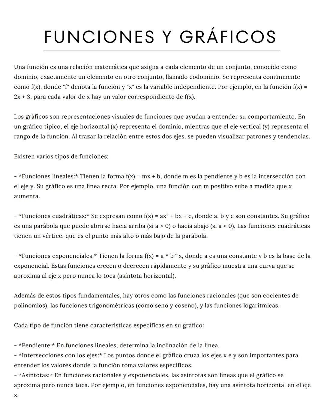 # FUNCIONES Y GRÁFICOS
Una función es una relación matemática que asigna a cada elemento de un conjunto, conocido como
dominio, exactamente