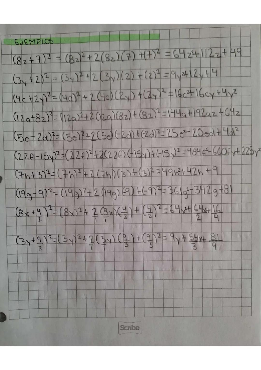 ```markdown
X
RESUMEN
Binomio al cuadrado
(a+b)(a+b) = a² + ab +ab+b² = a²+2ab+b²
2
(x + y)² = (x² + 2 (x*y) + (y)² = x²+2xy + y²
NOTA
-