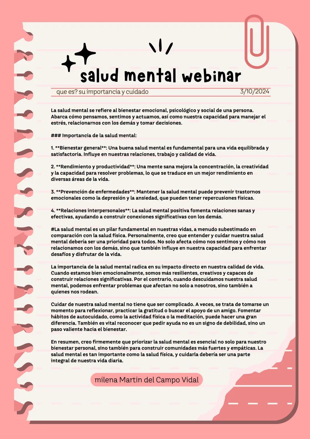 ++
salud mental webinar
que es? su importancia y cuidado
U
3/10/2024
La salud mental se refiere al bienestar emocional, psicológico y social