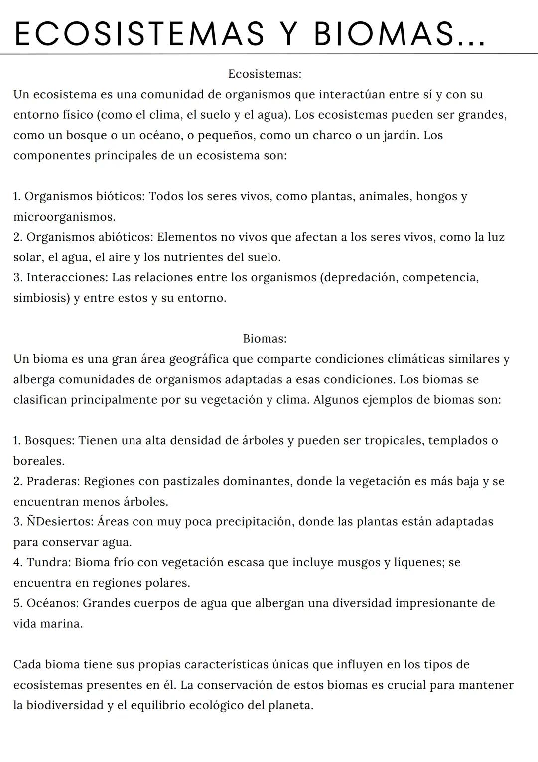 # ECOSISTEMAS Y BIOMAS...
Ecosistemas:
Un ecosistema es una comunidad de organismos que interactúan entre sí y con su
entorno físico (como