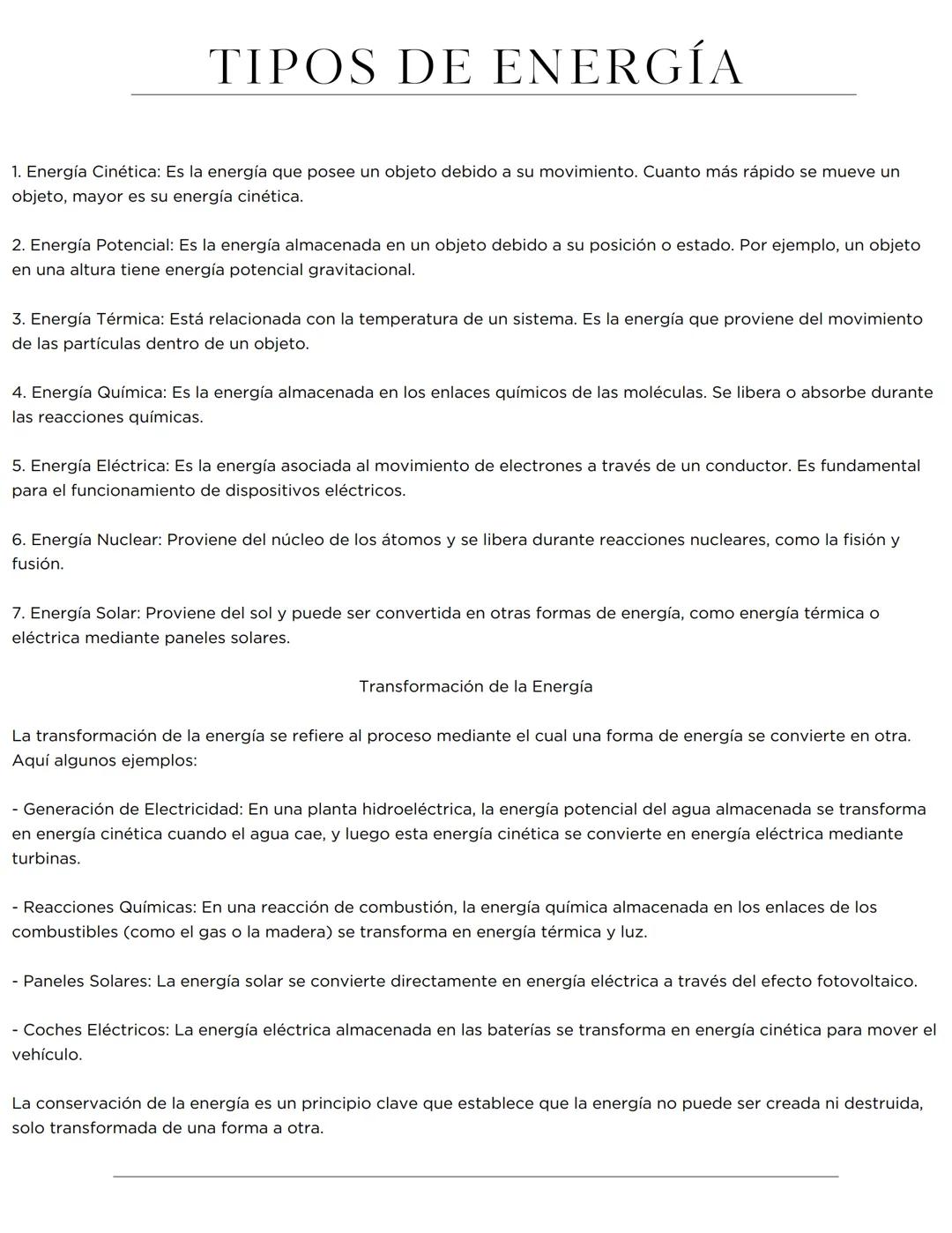 # TIPOS DE ENERGÍA
1. Energía Cinética: Es la energía que posee un objeto debido a su movimiento. Cuanto más rápido se mueve un
objeto, may