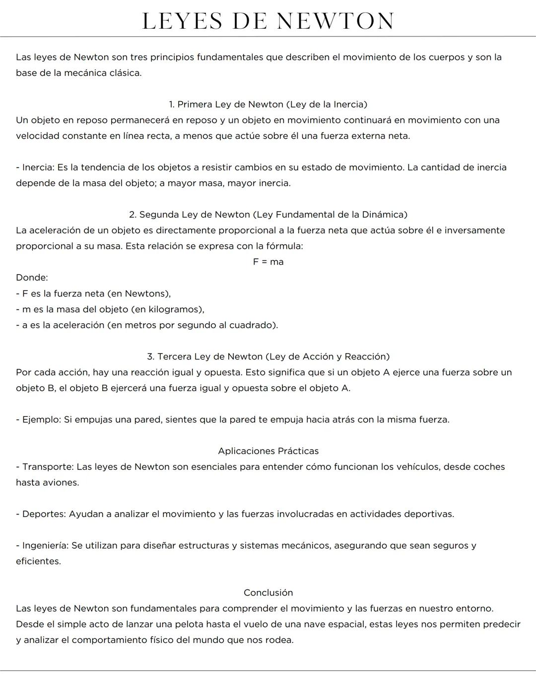 LEYES DE NEWTON
Las leyes de Newton son tres principios fundamentales que describen el movimiento de los cuerpos y son la
base de la mecánic