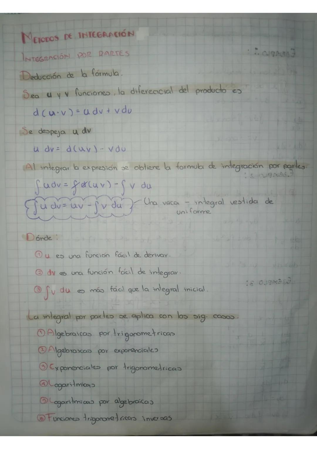 # METODOS DE INTEGRACIÓN
INTEGRACIÓN POR PARTES
Deducción de la formula.
Sea $u$ y $v$ funciones, la diferecicial del producto es
$d(u \