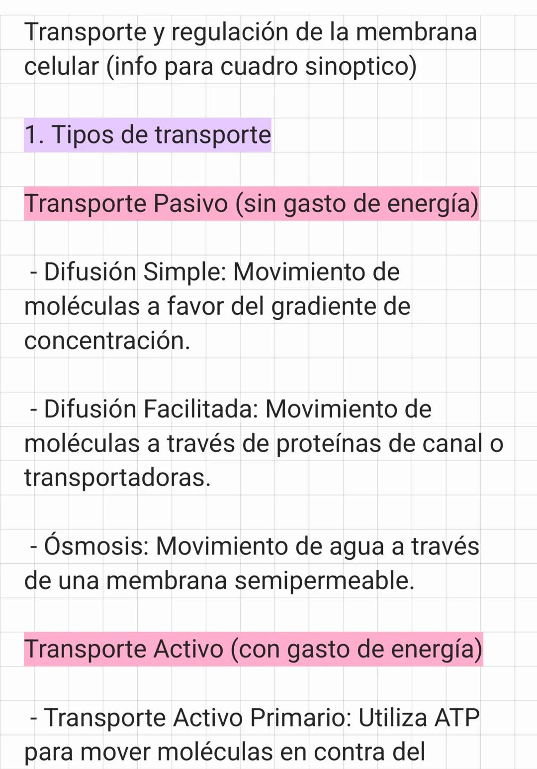 Transporte y regulación de la membrana
celular (info para cuadro sinoptico)
1. Tipos de transporte
Transporte Pasivo (sin gasto de energía