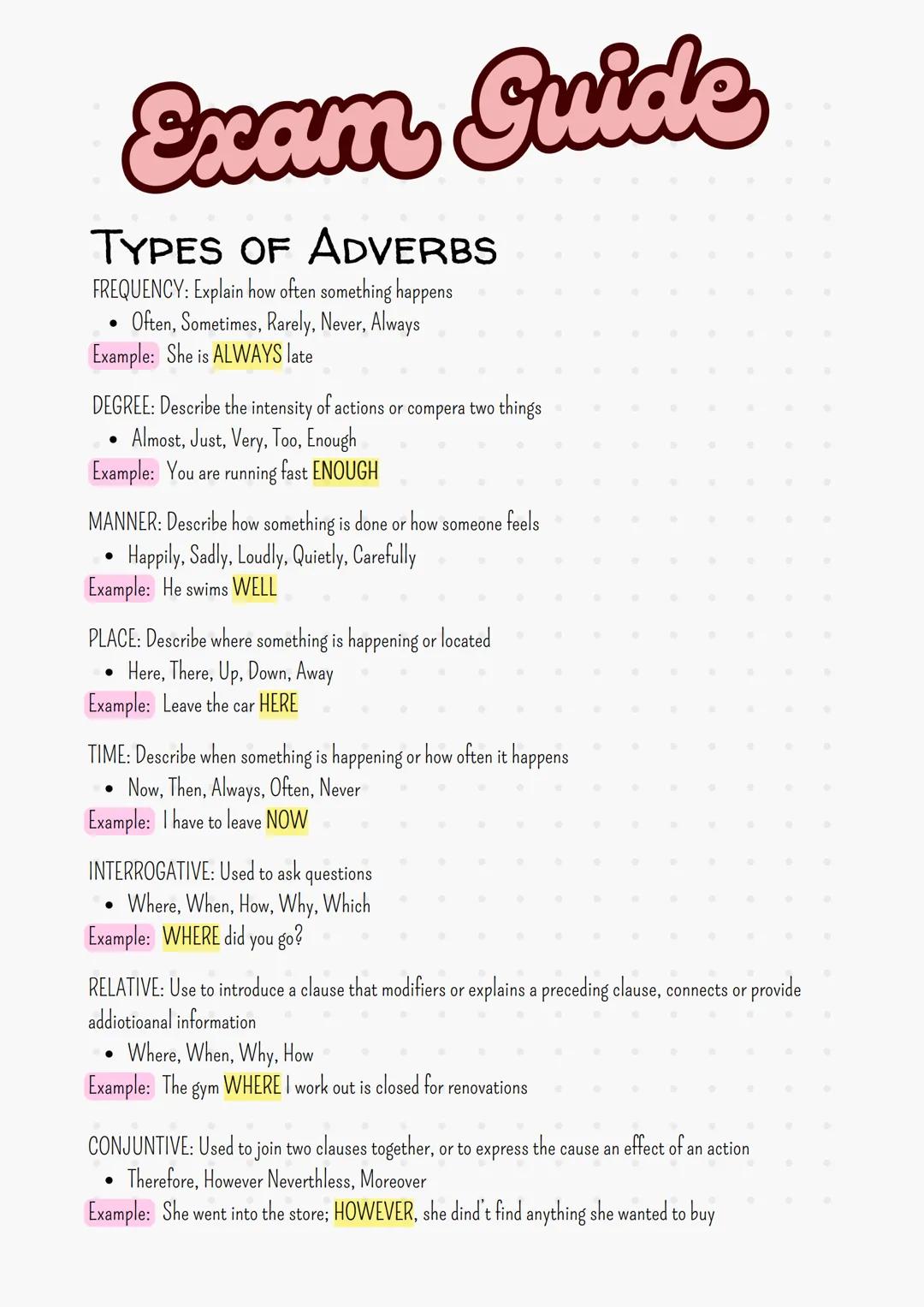 Exam Guide
Stative verbs
Relate to thoughts, opinions, feelings and emotions.
Note 1: You can not use ing with these verbs
Note 2: There a f