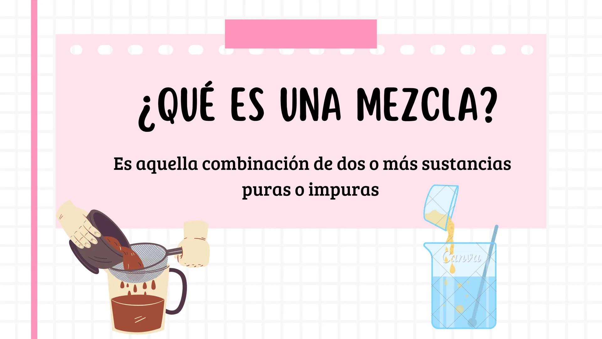 д
CVL
TIPOS DE
MEZCLAS い
¿QUÉ ES UNA MEZCLA?
Es aquella combinación de dos o más sustancias
puras o impuras
Canva H
ESTAS SE DIVIDEN EN:
Can