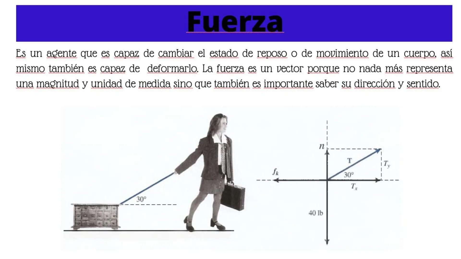 # Fuerza
Es un agente que es capaz de cambiar el estado de reposo o de movimiento de un cuerpo, así
mismo también es capaz de deformarlo. L
