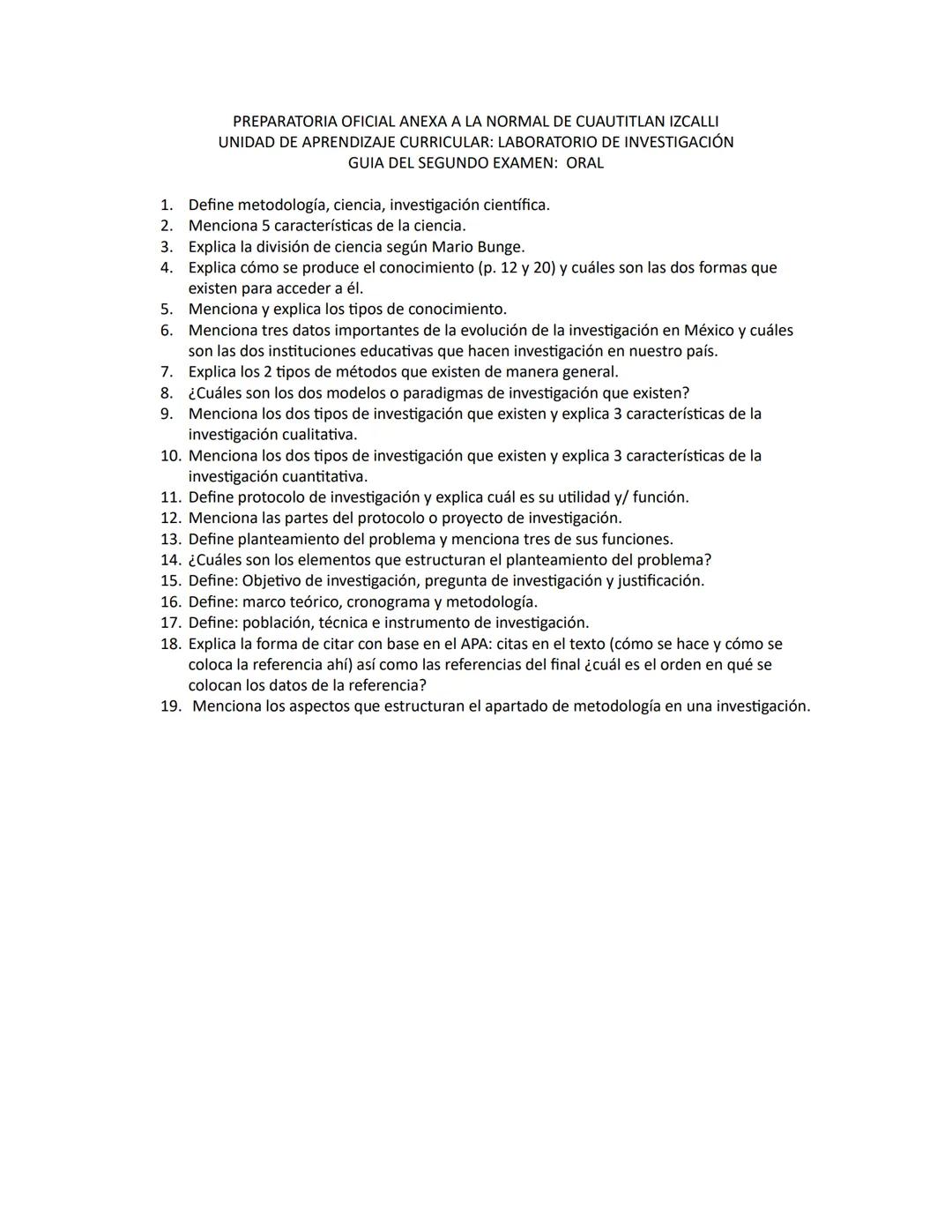 PREPARATORIA OFICIAL ANEXA A LA NORMAL DE CUAUTITLAN IZCALLI
UNIDAD DE APRENDIZAJE CURRICULAR: LABORATORIO DE INVESTIGACIÓN
GUIA DEL SEGUNDO