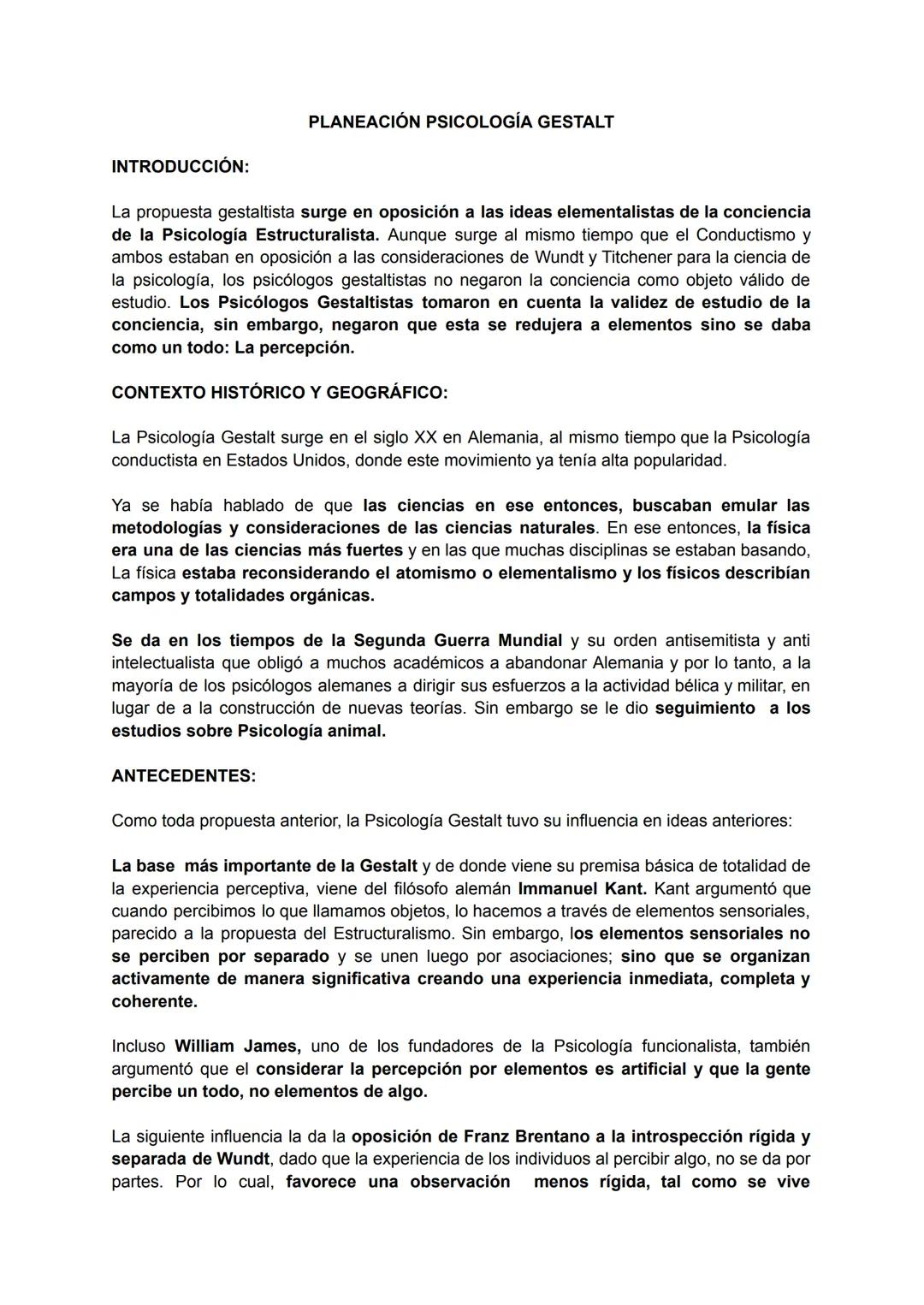 # PLANEACIÓN PSICOLOGÍA GESTALT
INTRODUCCIÓN:
La propuesta gestaltista surge en oposición a las ideas elementalistas de la conciencia
de l
