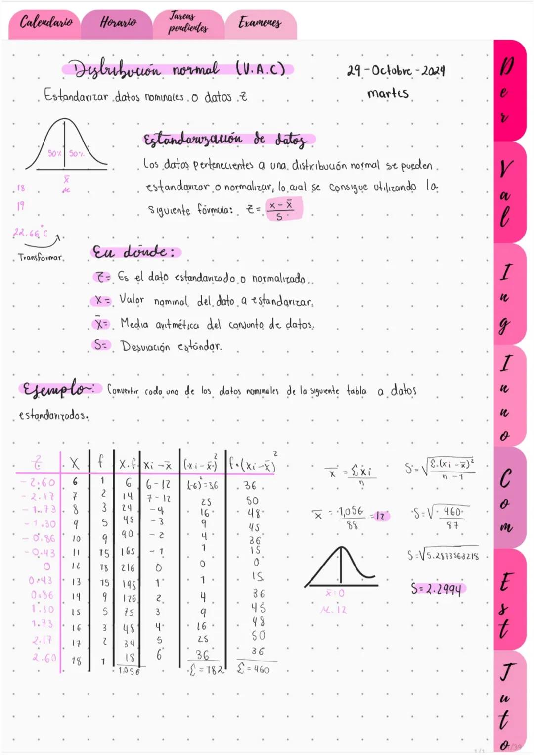 # Calendario
# Horario
# Tareas
pendientes
# Examenes
Distribución normal (V.A.C)
Estandarizar datos nominales. O datos Z
29-Octobre-2
