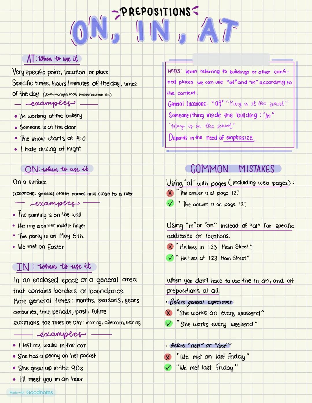 # PREPOSITIONS
ON, IN, AT
AT: When to use it
Very specific point, location or place
Specific times, hours/minutes of the day, times
of t