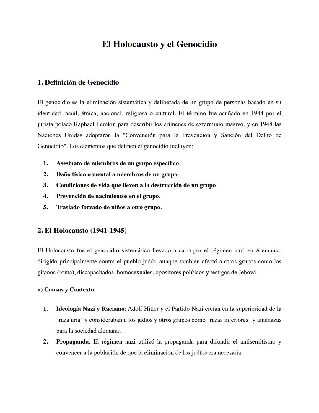 El Holocausto y el Genocidio
1. Definición de Genocidio
El genocidio es la eliminación sistemática y deliberada de un grupo de personas basa