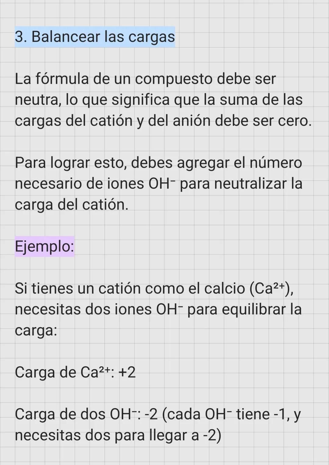 Para entender y nombrar los hidróxidos
(compuestos que contienen el anión
hidróxido, OH-)
1. Identificar el catión y su carga
Cada element