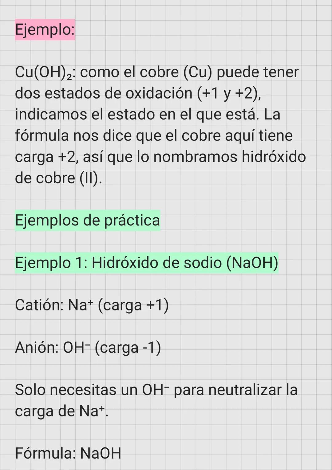 Para entender y nombrar los hidróxidos
(compuestos que contienen el anión
hidróxido, OH-)
1. Identificar el catión y su carga
Cada element