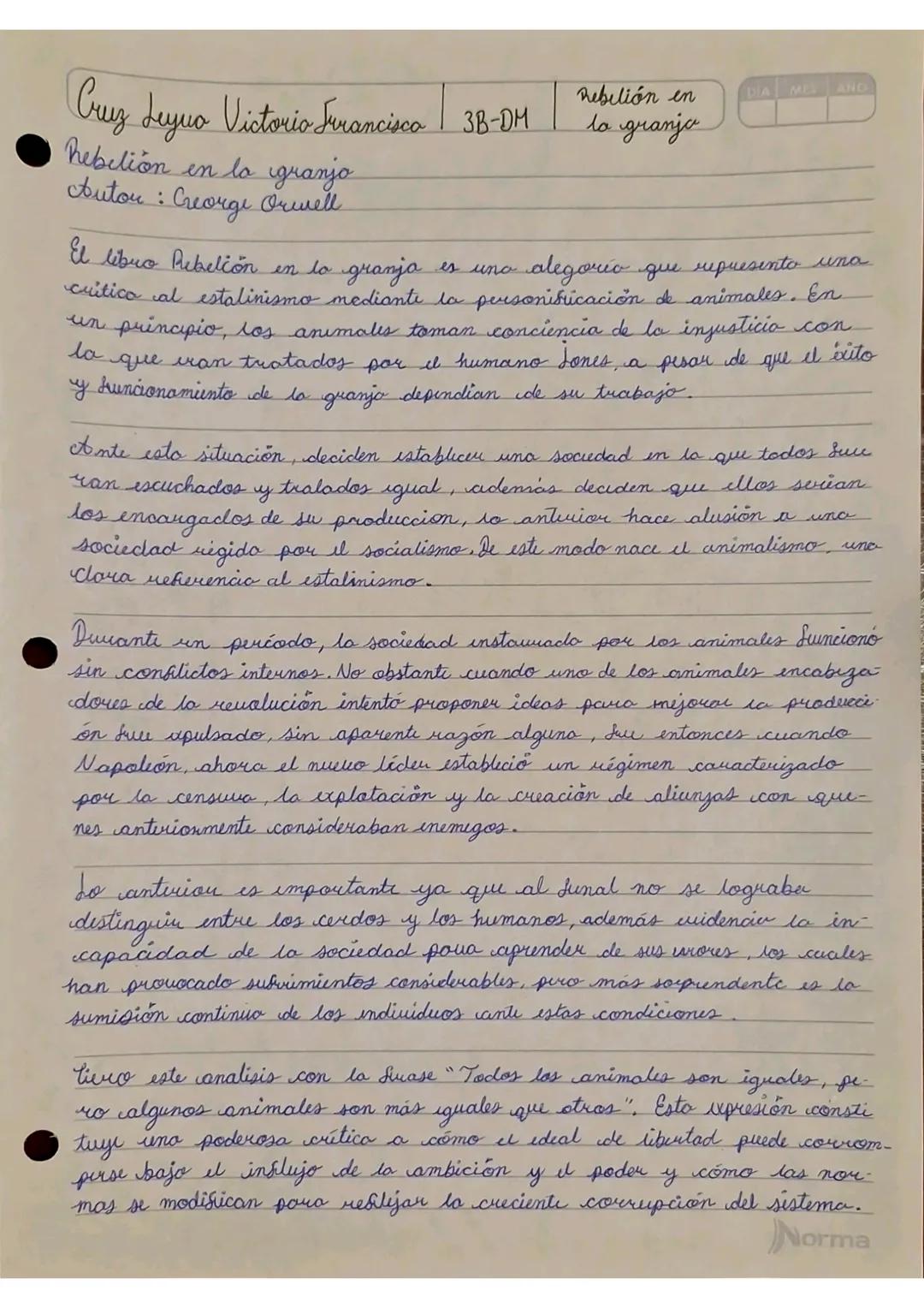 Cruz deyuo Victoria Surmancisco 3B-DM
Rebelión en lo igranjo
couton: Creorge Orwell
Rebelión en
DIA MES AND
lo granja
El libro Rebelión
