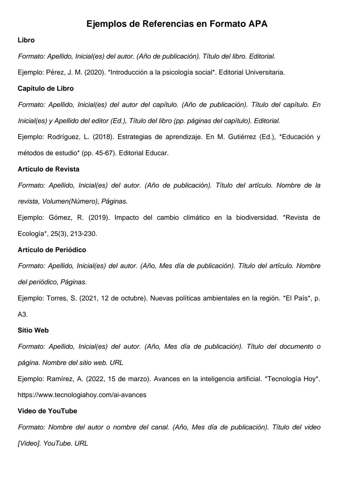 # Ejemplos de Referencias en Formato APA
Libro
*Formato:* Apellido, Inicial(es) del autor. (Año de publicación). Título del libro. Editori