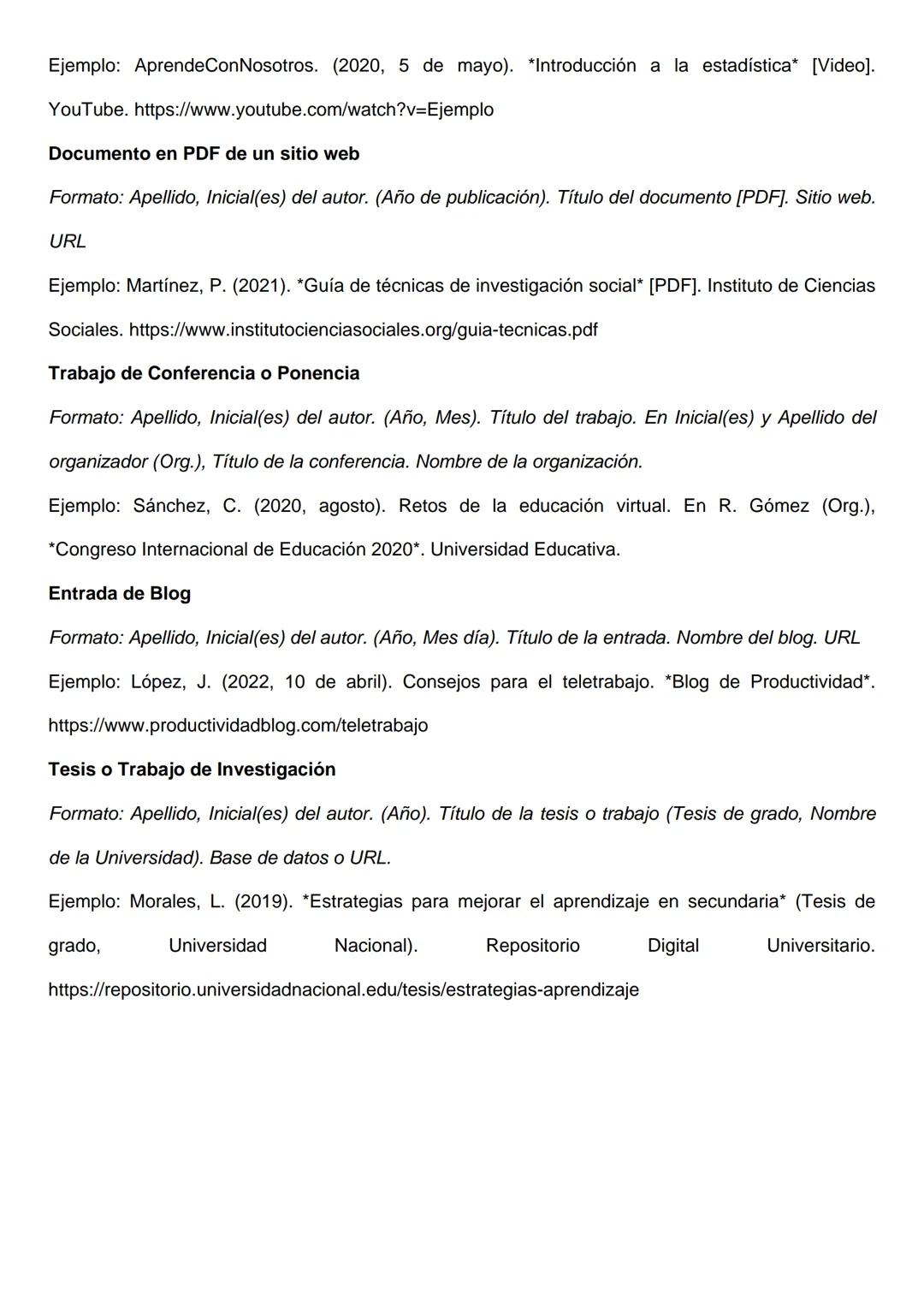 # Ejemplos de Referencias en Formato APA
Libro
*Formato:* Apellido, Inicial(es) del autor. (Año de publicación). Título del libro. Editori