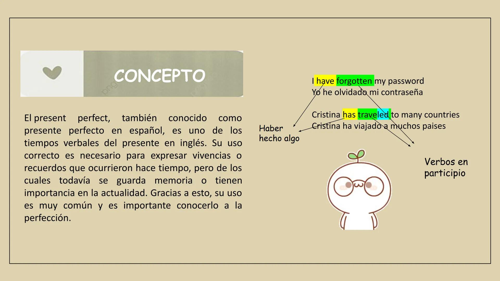 Present
Perfect CONCEPTO
El present perfect, también conocido como
presente perfecto en español, es uno de los
tiempos verbales del present