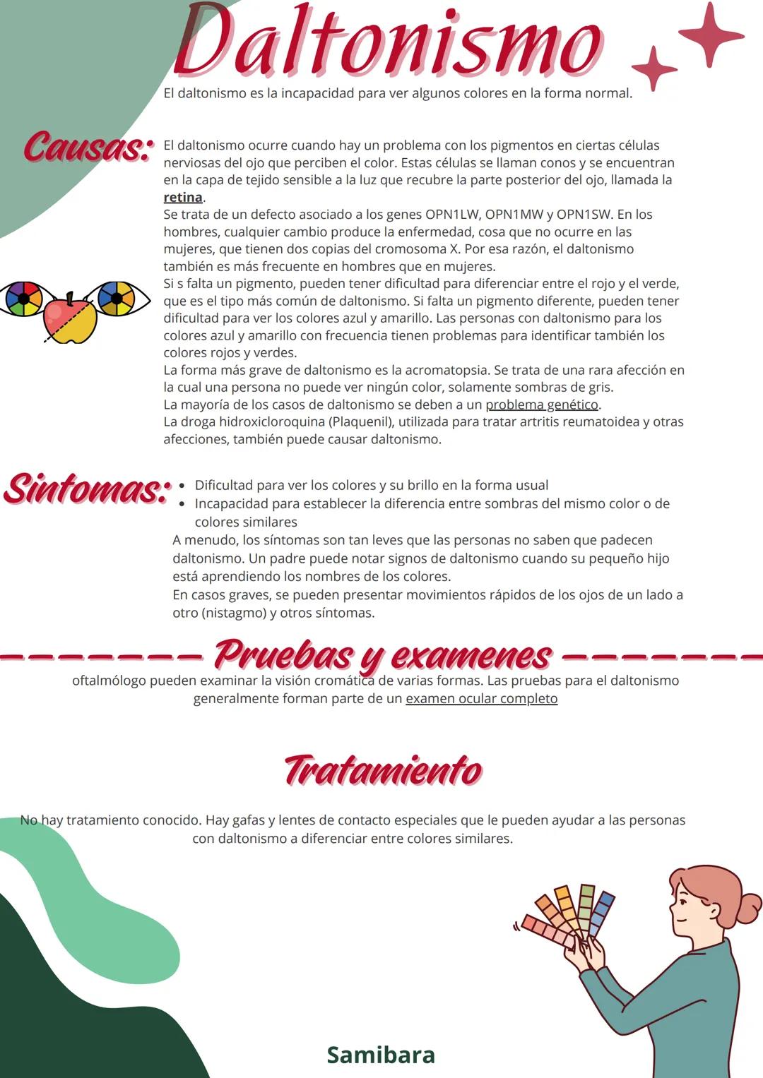 # Daltonismo
El daltonismo es la incapacidad para ver algunos colores en la forma normal.
Causas:
El daltonismo ocurre cuando hay un prob
