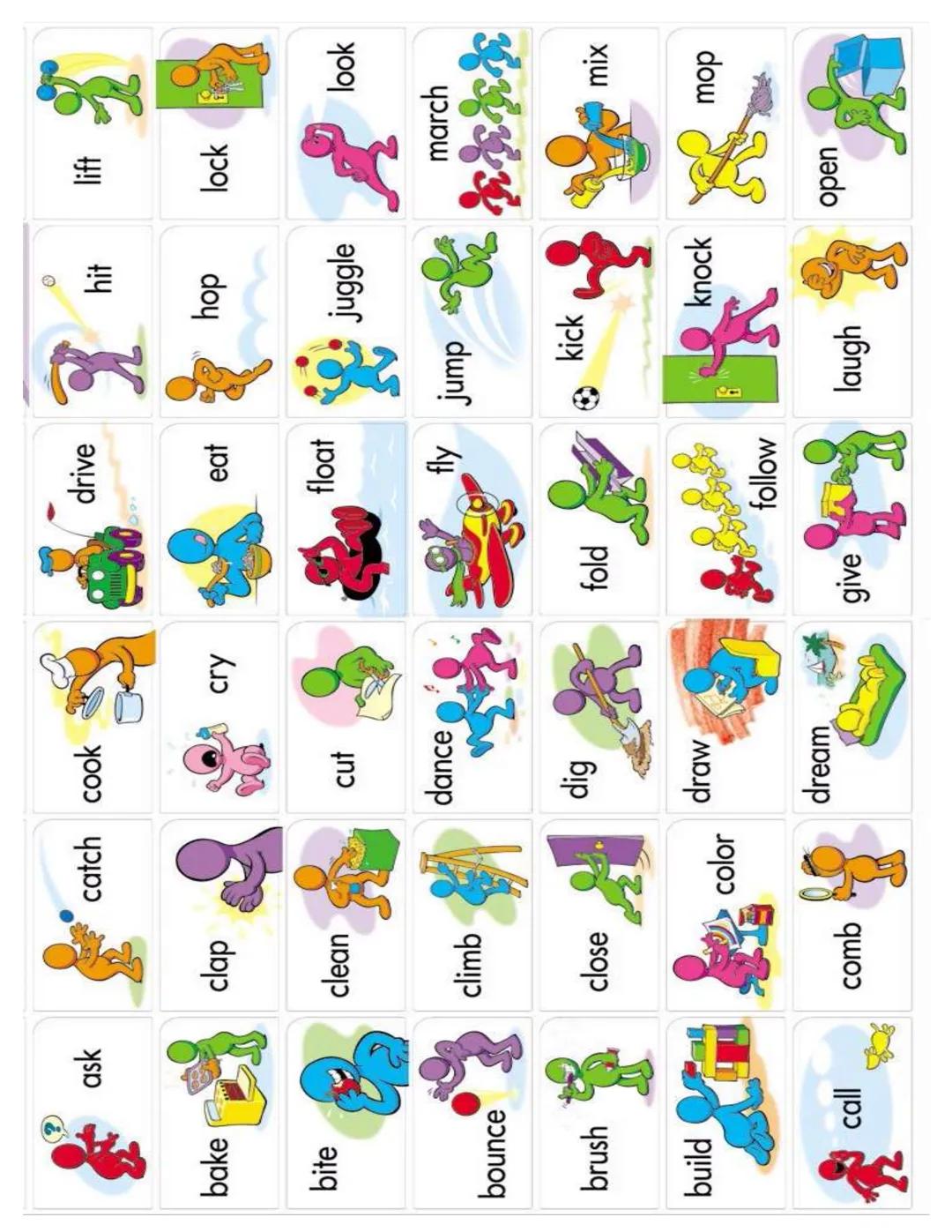 ask
catch cook
drive
hit
lift
۵۰۰
bake
clap
cry
eat
hop
lock
bite
clean
float
cut
juggle
look
dance
climb
fly jump
marc