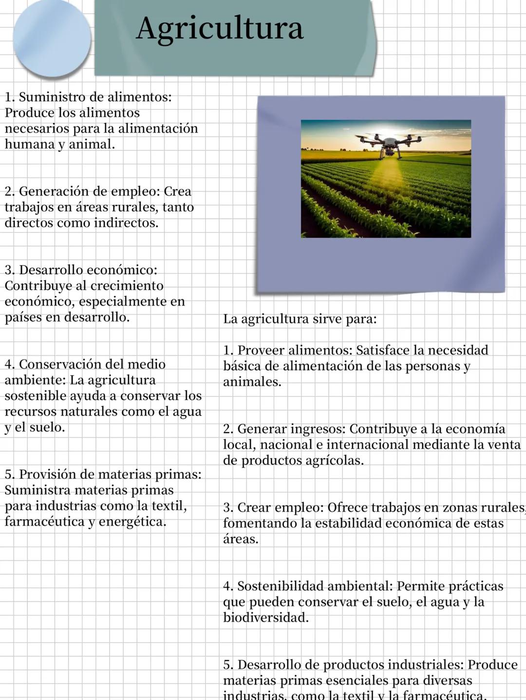 # Agricultura
1. Suministro de alimentos:
Produce los alimentos
necesarios para la alimentación
humana y animal.
2. Generación de empleo: