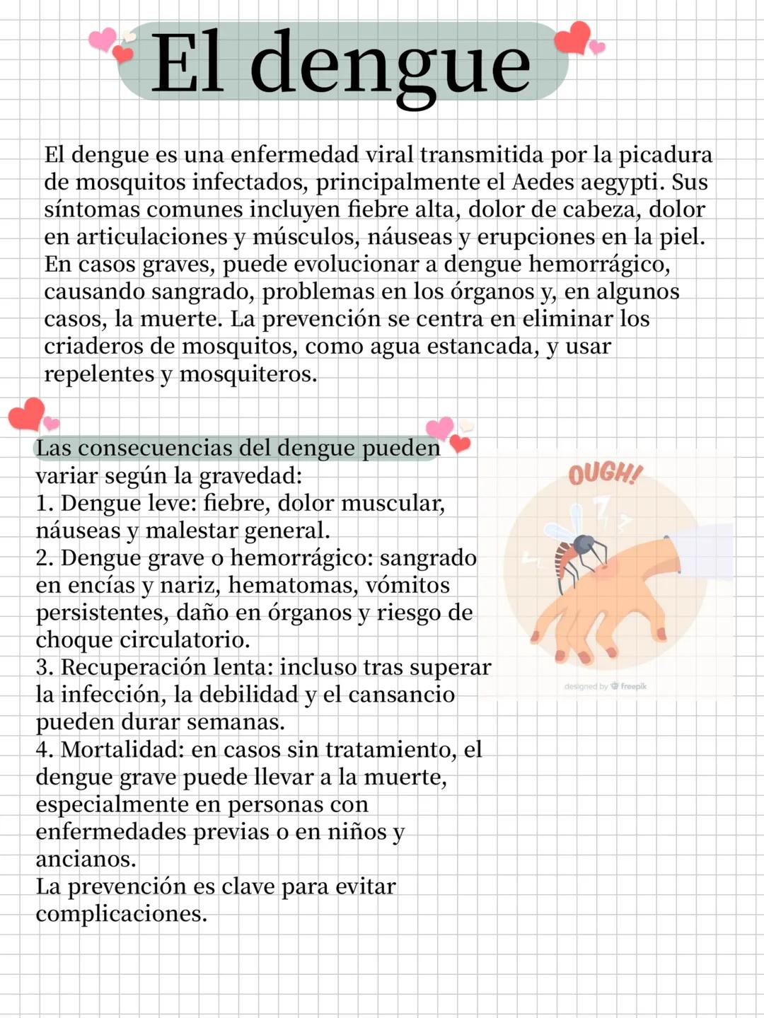 # El dengue
El dengue es una enfermedad viral transmitida por la picadura
de mosquitos infectados, principalmente el Aedes aegypti. Sus
sín