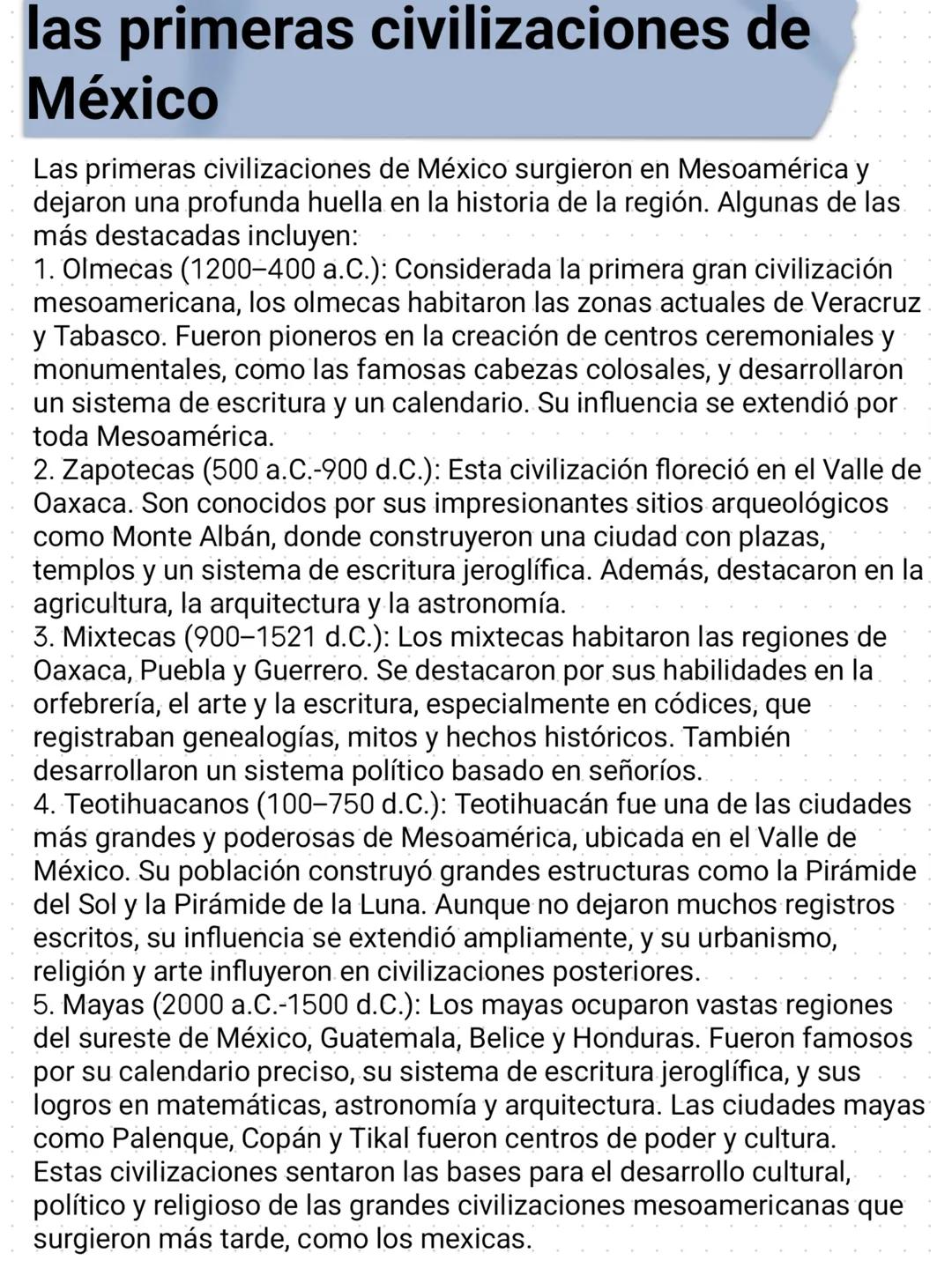 # las primeras civilizaciones de
México
Las primeras civilizaciones de México surgieron en Mesoamérica y
dejaron una profunda huella en la
