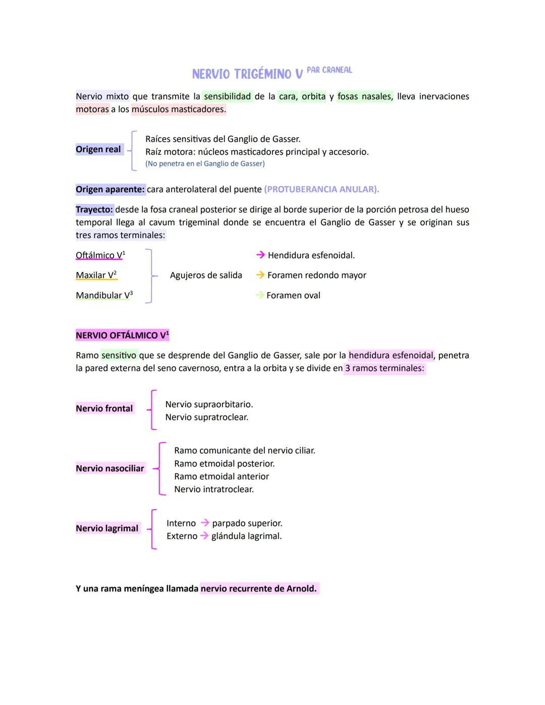 # NERVIO TRIGÉMINO V PAR CRANEAL
Nervio mixto que transmite la sensibilidad de la cara, orbita y fosas nasales, lleva inervaciones
motoras