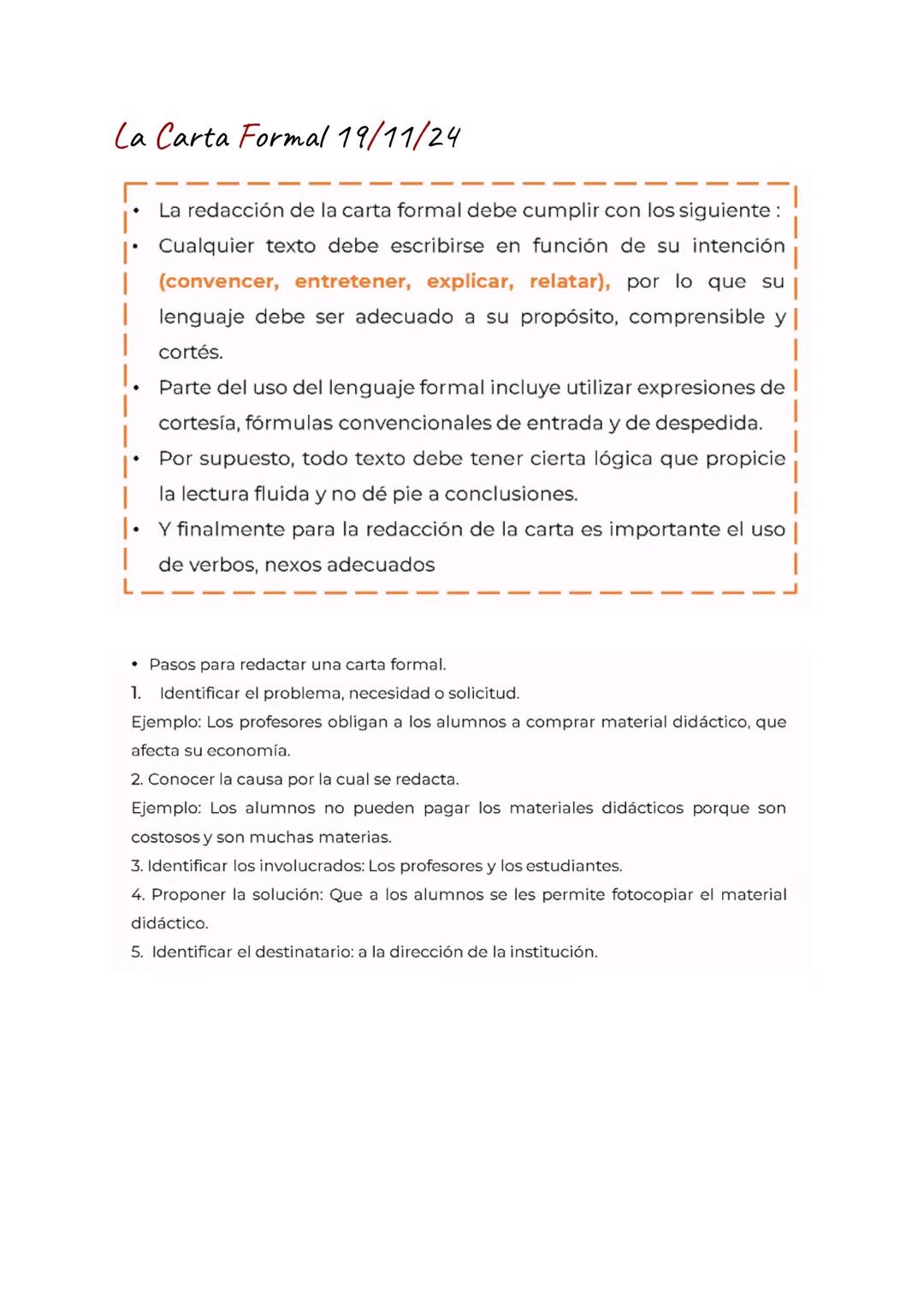 La Carta Formal 19/11/24
|
|
|
|
La redacción de la carta formal debe cumplir con los siguiente:
Cualquier texto debe escribirse en función