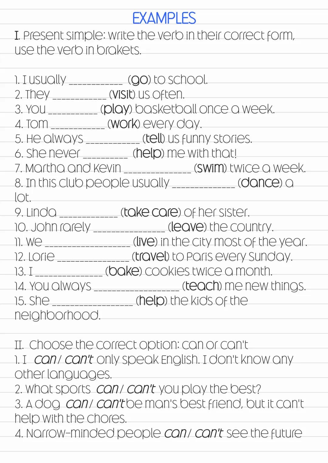 can/can't
To express Ability and capability
Aff
+ CAN+ verb BF + complement
I CAN play Soccer
he/she CAN Play soccer
Neg
+ can't/can