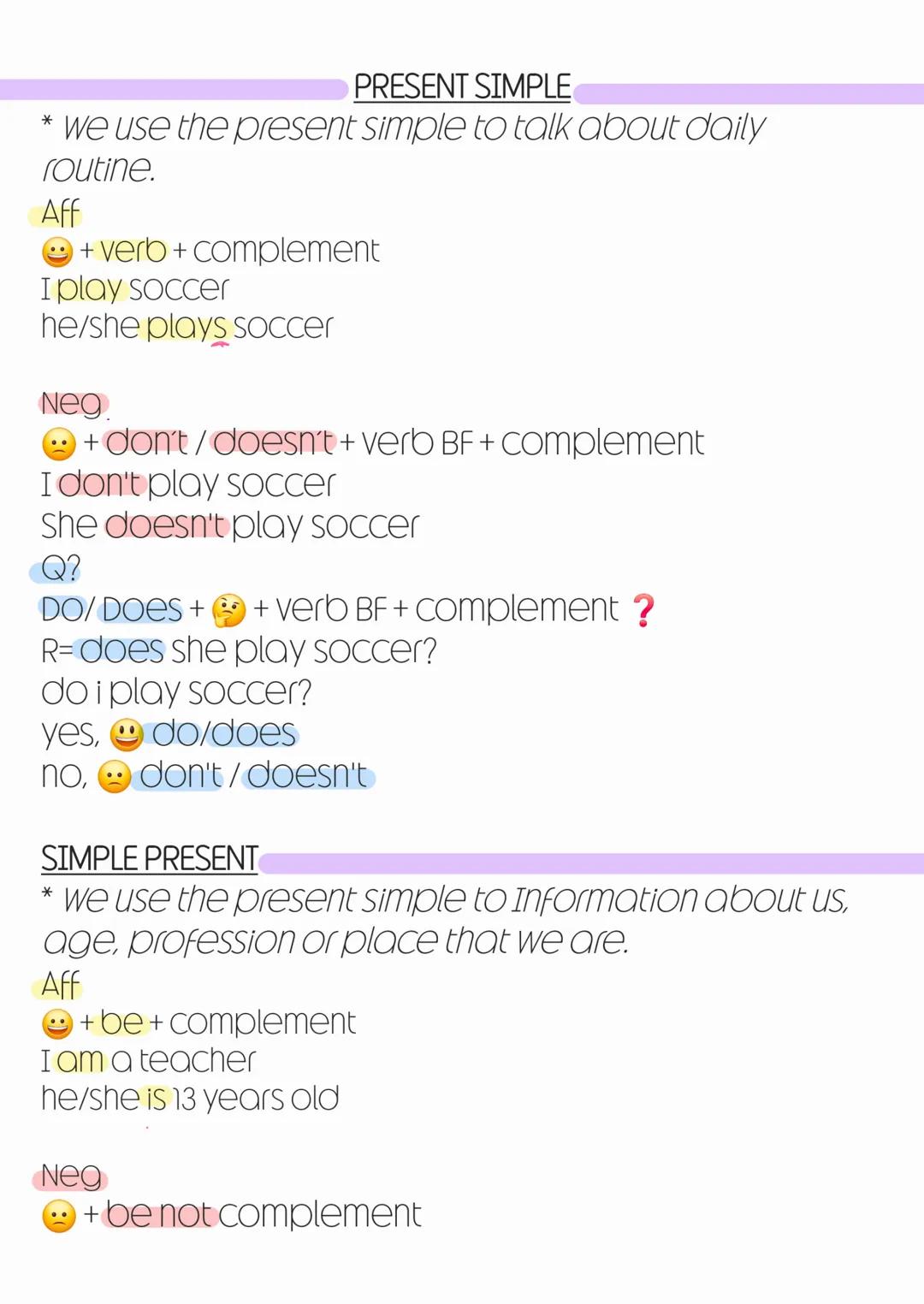 PRESENT SIMPLE
* we use the present simple to talk about daily
routine.
Aff
+verb+complement
I play soccer
he/she plays soccer
Neg
+don't/do