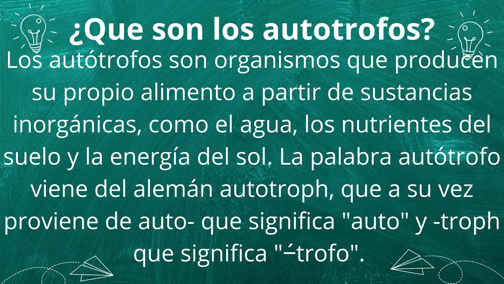 ¿Que son los autotrofos?
Los autótrofos son organismos que producen
su propio alimento a partir de sustancias
inorgánicas, como el agua, lo