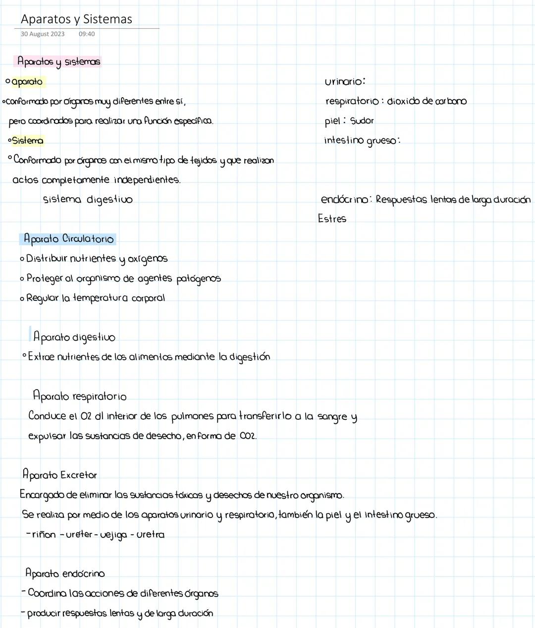 Aparatos y Sistemas
30 August 2023 09:40
Aparatos y sistemas
• aparato
•Conformado por organos muy diferentes entre sí,
pero coordinados pa