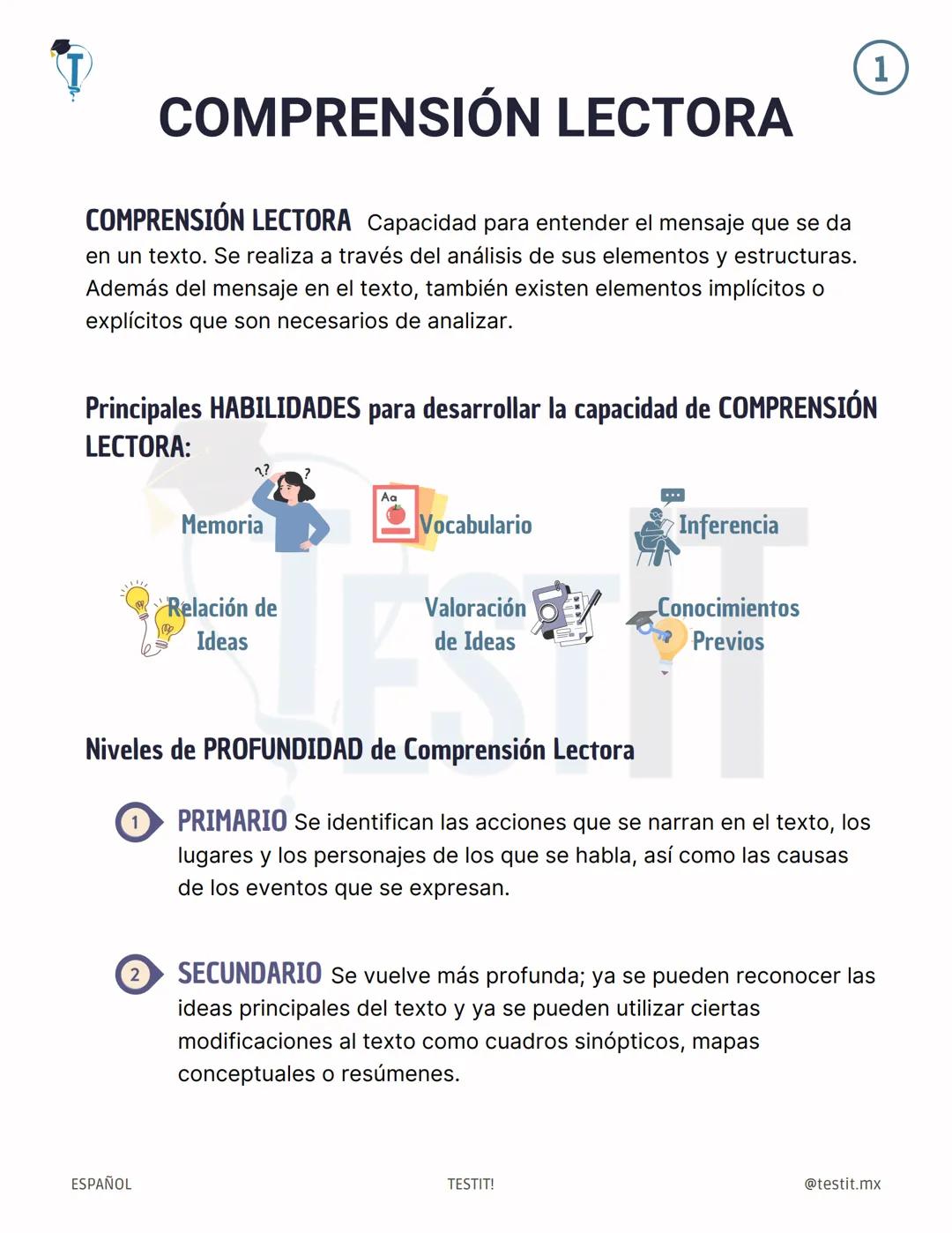 1
COMPRENSIÓN LECTORA
COMPRENSIÓN LECTORA Capacidad para entender el mensaje que se da
en un texto. Se realiza a través del análisis de sus