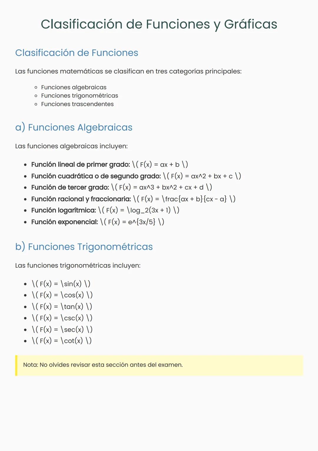 # Clasificación de Funciones y Gráficas
Clasificación de Funciones
Las funciones matemáticas se clasifican en tres categorías principales: