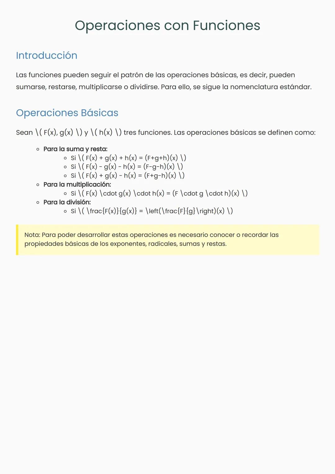 # Operaciones con Funciones
Introducción
Las funciones pueden seguir el patrón de las operaciones básicas, es decir, pueden
sumarse, resta