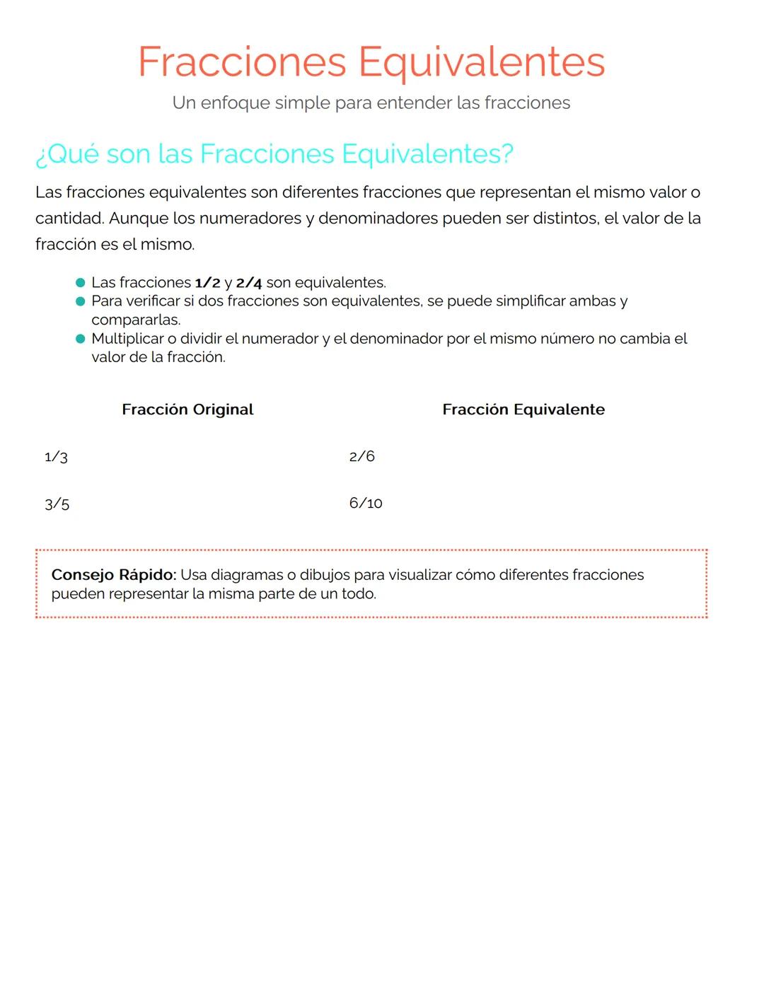 # Fracciones Equivalentes
Un enfoque simple para entender las fracciones
## ¿Qué son las Fracciones Equivalentes?
Las fracciones equivalent