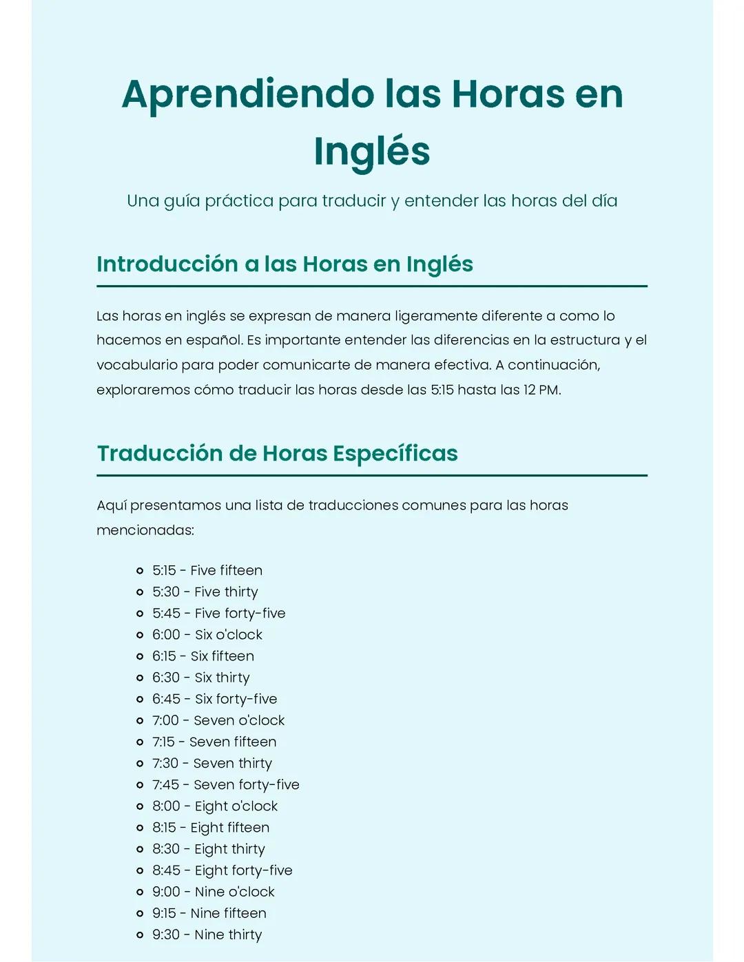 Aprendiendo las Horas en Inglés
