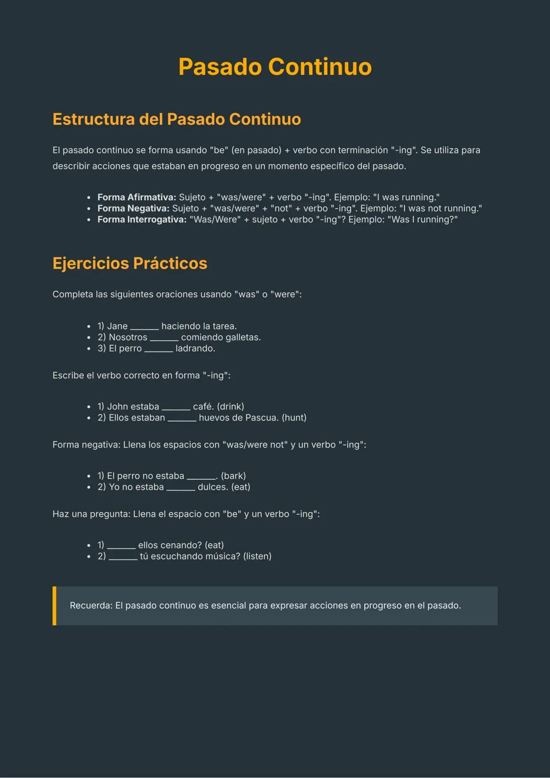 # Pasado Continuo
## Estructura del Pasado Continuo
El pasado continuo se forma usando "be" (en pasado) + verbo con terminación "-ing". Se