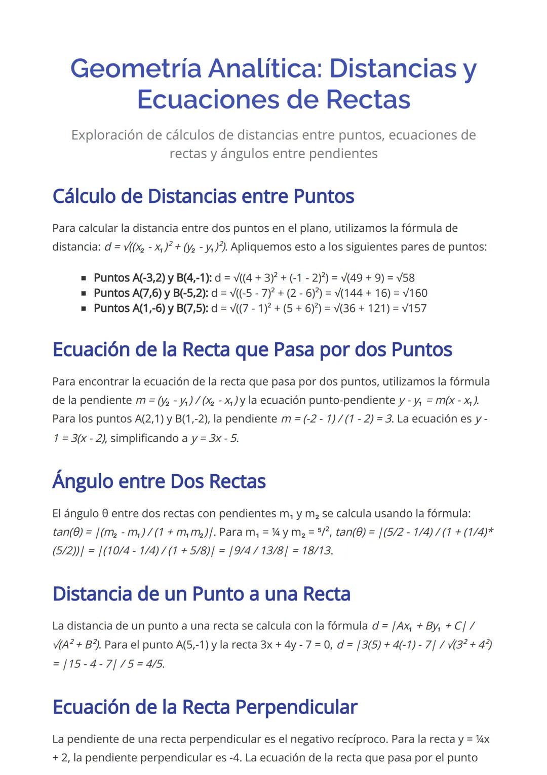 # Geometría Analítica: Distancias y
Ecuaciones de Rectas
Exploración de cálculos de distancias entre puntos, ecuaciones de
rectas y ángulos