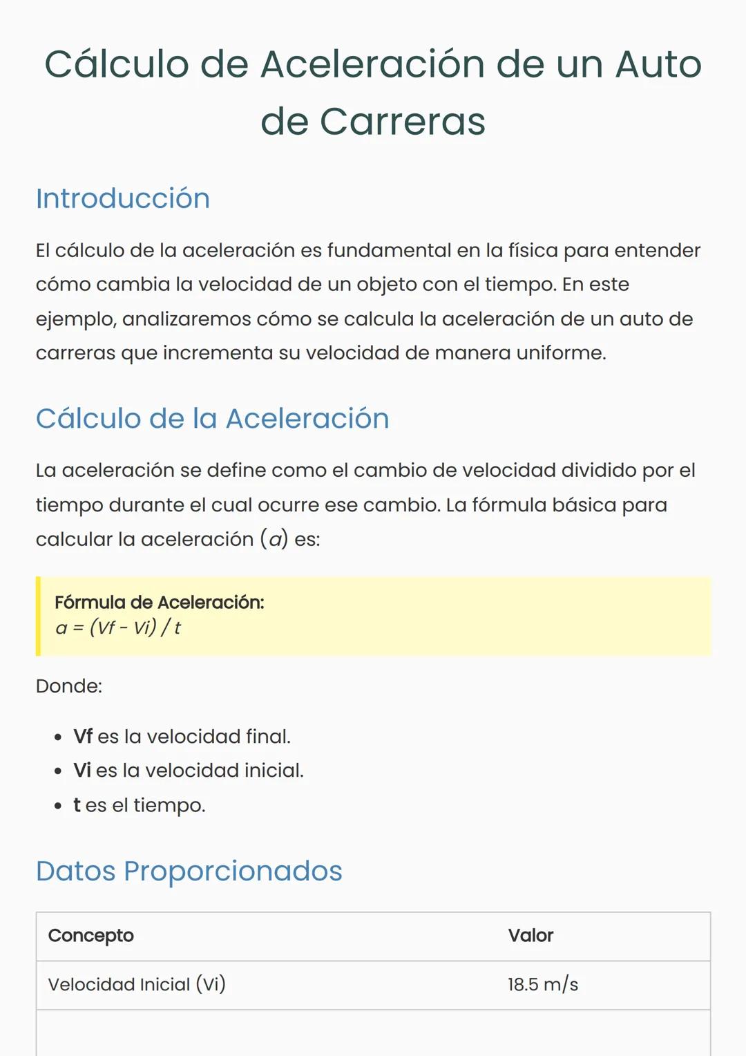 Cálculo de Aceleración de un Auto
Introducción
de Carreras
El cálculo de la aceleración es fundamental en la física para entender
cómo cambi